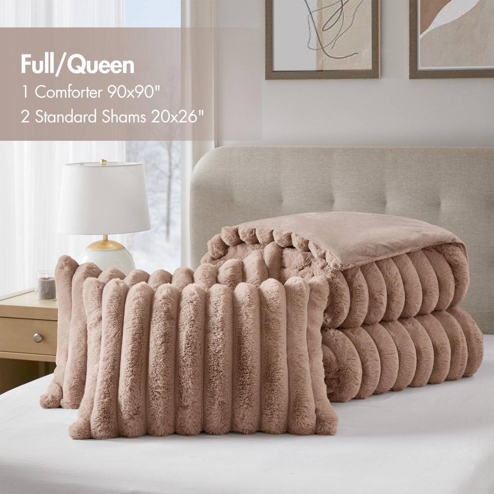 3 Pieces Full/Queen Ultrasoft Faux Fur Ribbed Comforter Set,Mocha Media 11