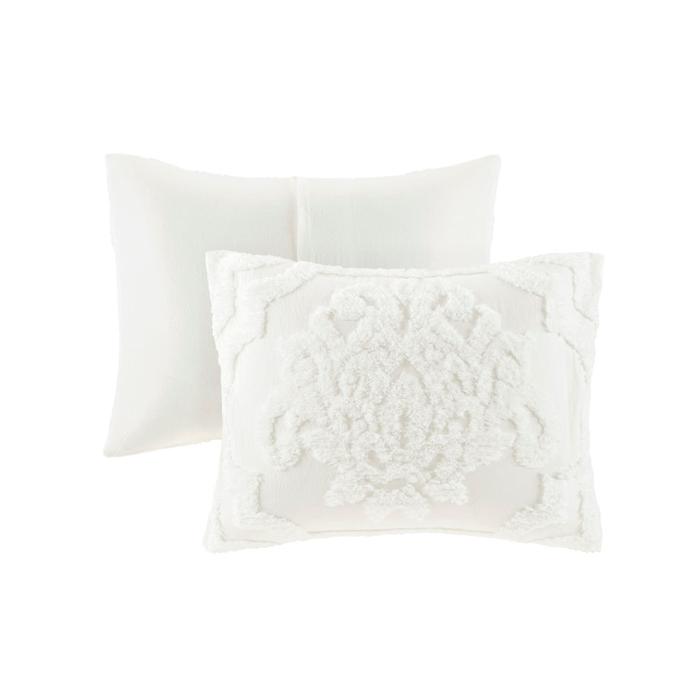 3 Piece Tufted Cotton Chenille Damask Comforter Set Off-White Full/Queen Media 8