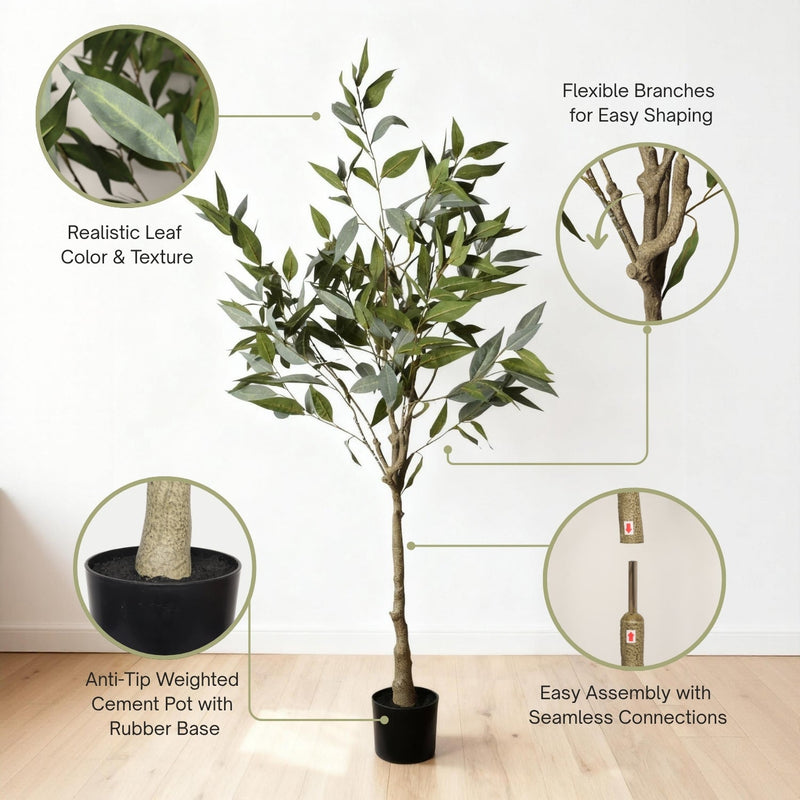 5FT Realistic Artificial Eucalyptus Tree in Black Plastic Pot with Lush Green Fabric Leaves, Indoor Potted Faux Plant for Home Office Decor