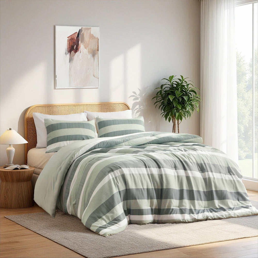3-Piece King/Cal King Stripe Textured Print Comforter Set,Sage Media 11
