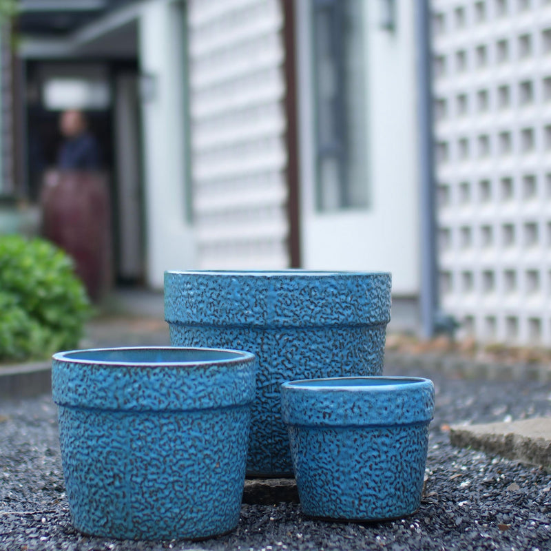 Handmade Ceramic Planter Set of 3, 15/12/9 Inch Diameter, Blue Textured Pattern, for Succulents & Indoor Plants, Windowsill & Bookshelf Use, Breathable Clay