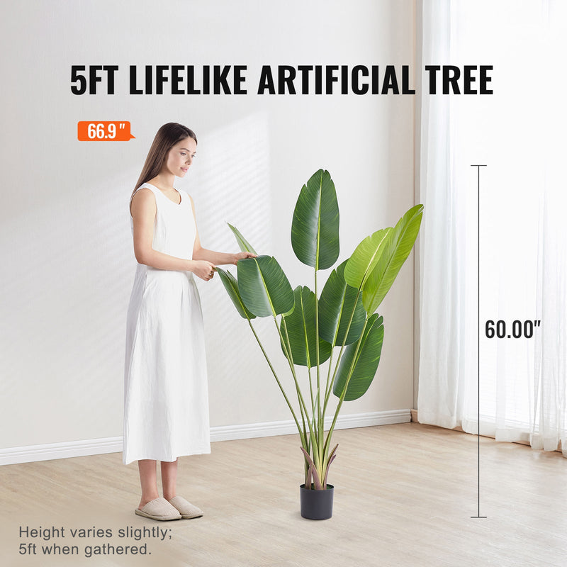 Artificial Birds Of Paradise Tree, 5 FT Tall Faux Plant, PE Material & Anti-Tip Tilt Protection Low-Maintenance Plant, Lifelike Green Fake Tree for Home Office Warehouse Decor Indoor Outdoor