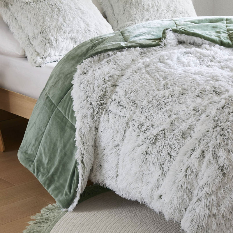 Faux Fur Comforter Set Shaggy Twin XL Green & White Cozy Bedding For Home Decor Accent