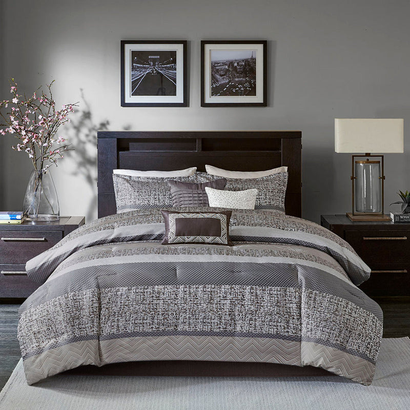 7 Piece Jacquard Comforter Set Grey/Taupe Queen