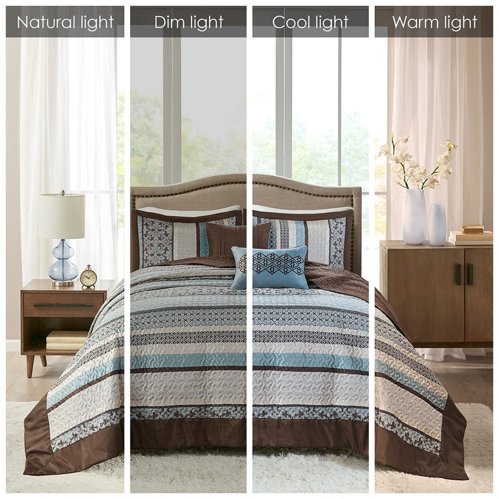 5 Piece Jacquard Quilt Set with Throw Pillows Blue King/Cal King Media 15