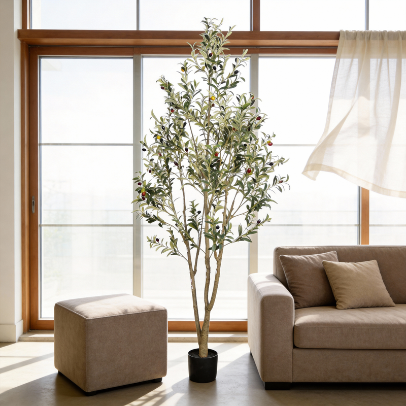 7' Artificial Olive Tree in Black Plastic Pot, 1pc/set