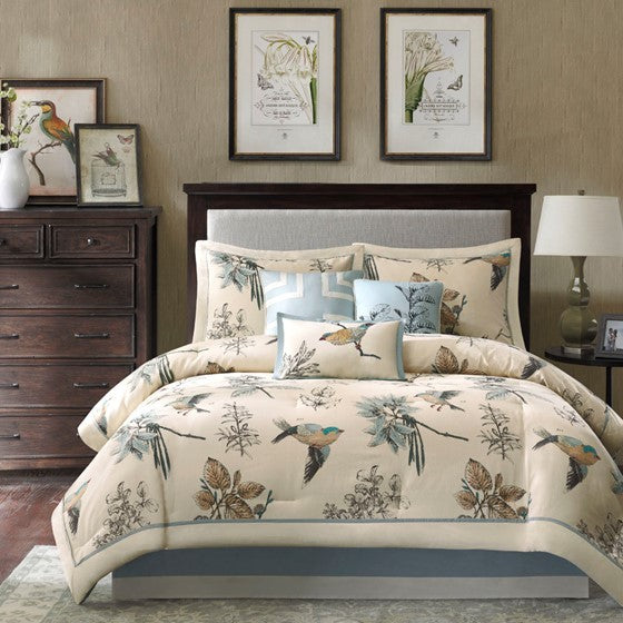 7 Piece Printed Cotton Twill Comforter Set Khaki Queen Media 1