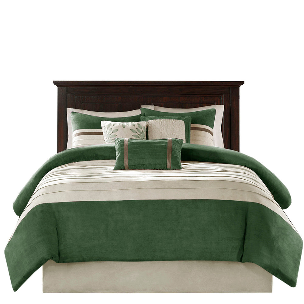 7 PC Pieced Faux Suede Comforter Set Green Queen Media 3