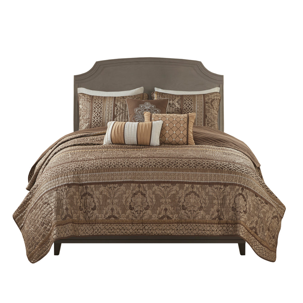 6 Piece Jacquard Quilt Set with Throw Pillows Brown/Gold King/Cal King Media 5