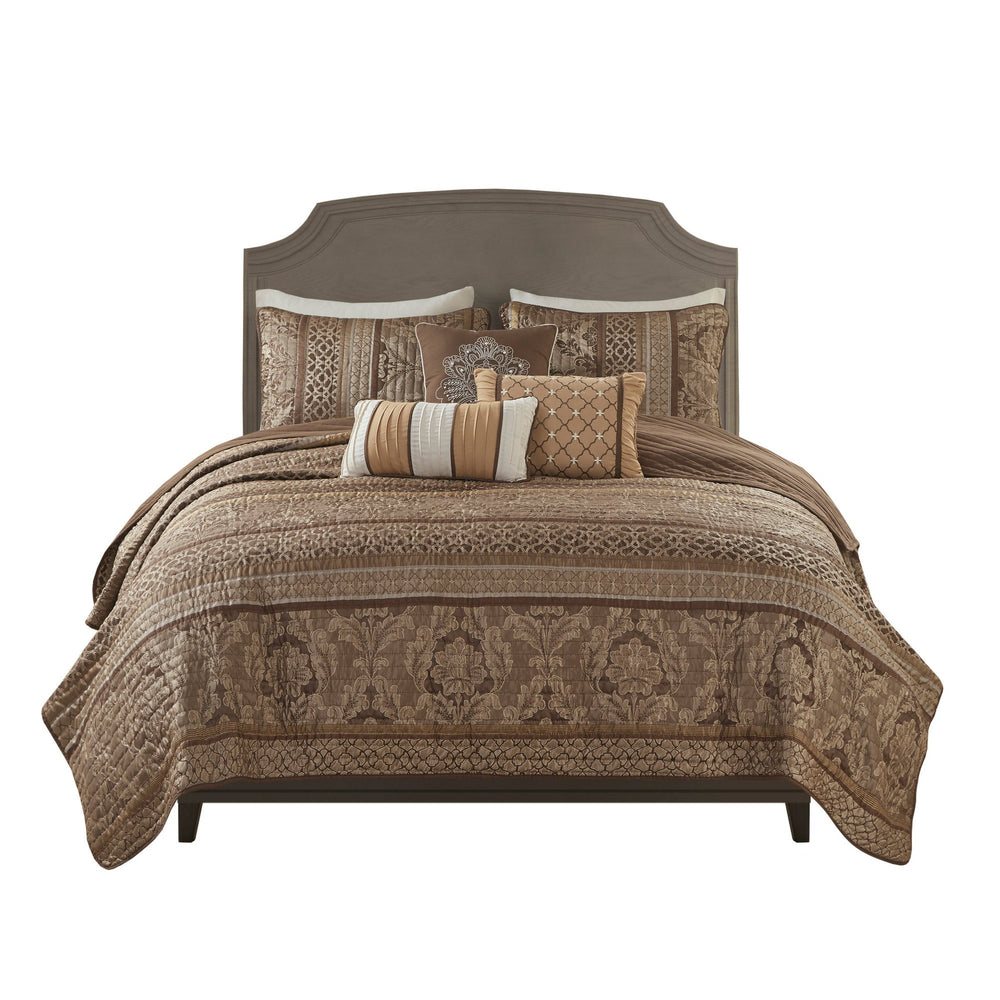 6 Piece Jacquard Quilt Set with Throw Pillows Brown/Gold King/Cal King Media 5