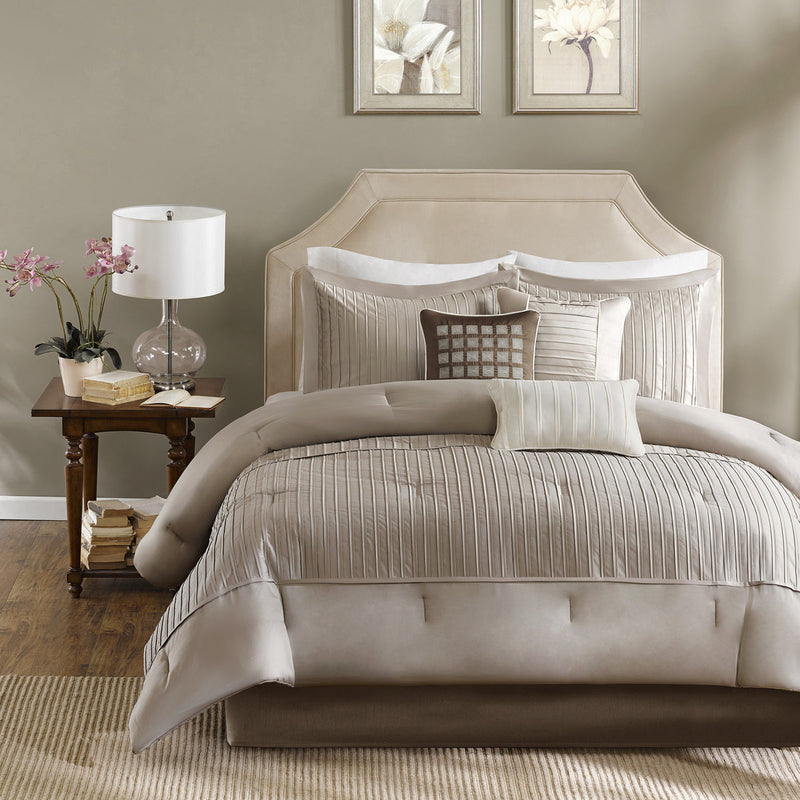 7 Piece Polyester Charmeuse Comforter Set Taupe Cal King