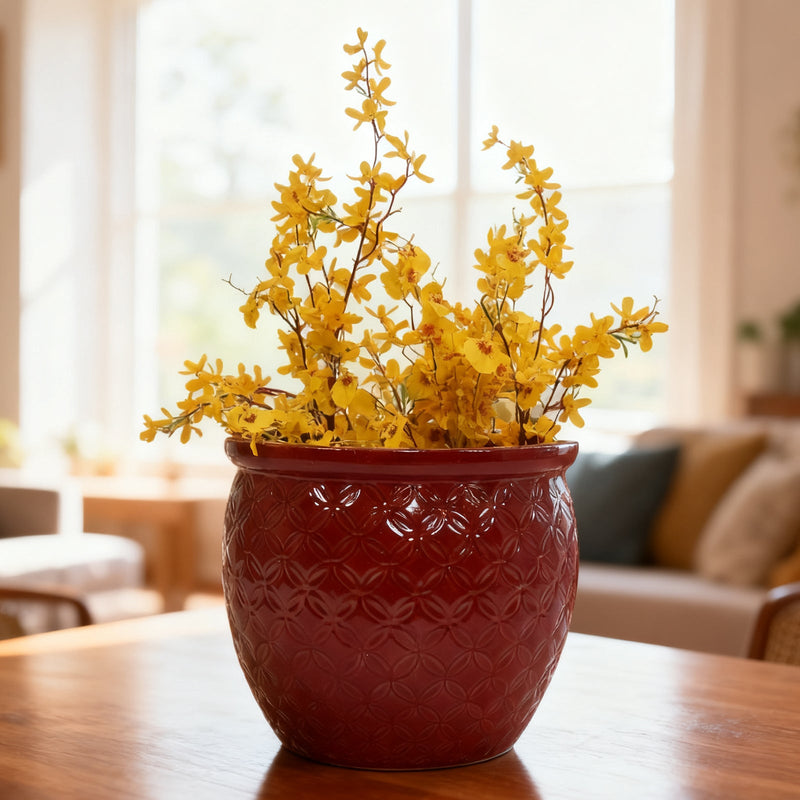 Handmade Ceramic Flower Pot Set of 3, 15/12/10 Inch Diameter, Deep Red with Floral Embossed Pattern, for Orchids Indoor/Outdoor Use on Windowsill & Bookshelf, Breathable Clay