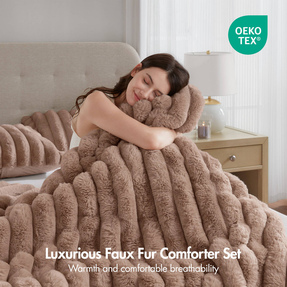 3 Pieces King Ultrasoft Faux Fur Ribbed Comforter Set,Mocha Media 16