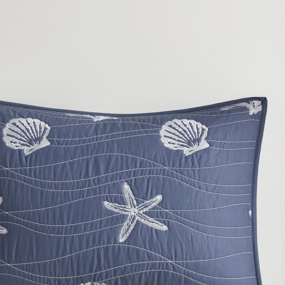 4 Piece Cotton Reversible Embroidered Quilt Set with Throw Pillow Navy Full/Queen Media 9