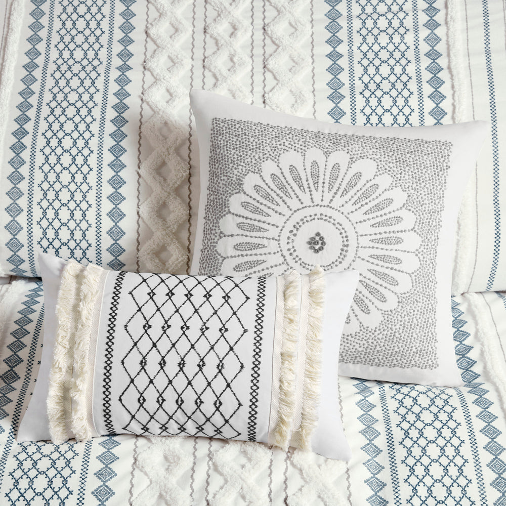 Cotton Printed Comforter Set with Chenille White/Navy King/Cal King Media 12