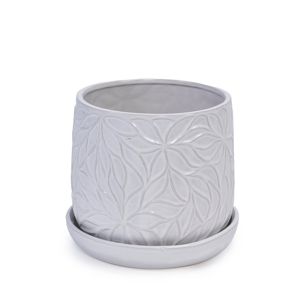 Handmade White Glossy Ceramic Planter Set of 2, 6' & 8' Diameter, Leaf Pattern Design, for Succulents and Herbs Indoor/Outdoor Shelf & Table Use, Breathable Clay with Saucers Media 11