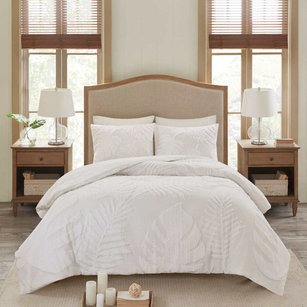3 Piece Tufted Cotton Chenille Palm Comforter Set Off-White King/Cal King Media 5