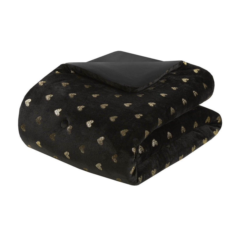 Plush Comforter Set & Black Gold Heart Print Full Queen Bedding 4 Piece with Throw Pillow