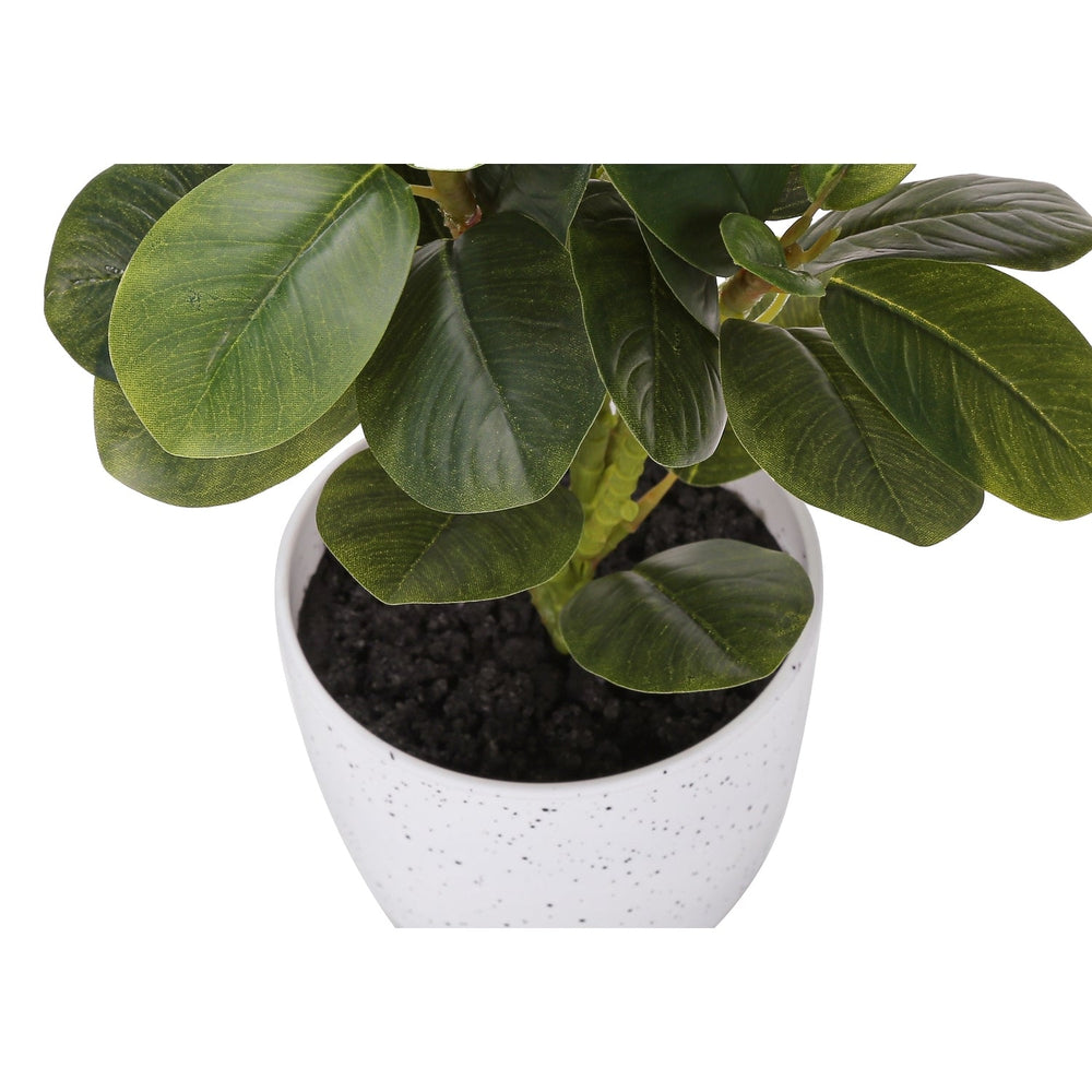 Artificial Ficus Plant Set of 2, 14 Inch Tall Indoor Decorative Table Potted Greenery with White Speckled Pots, Green Leaves, Plastic, 9x10x14 Inches Media 5