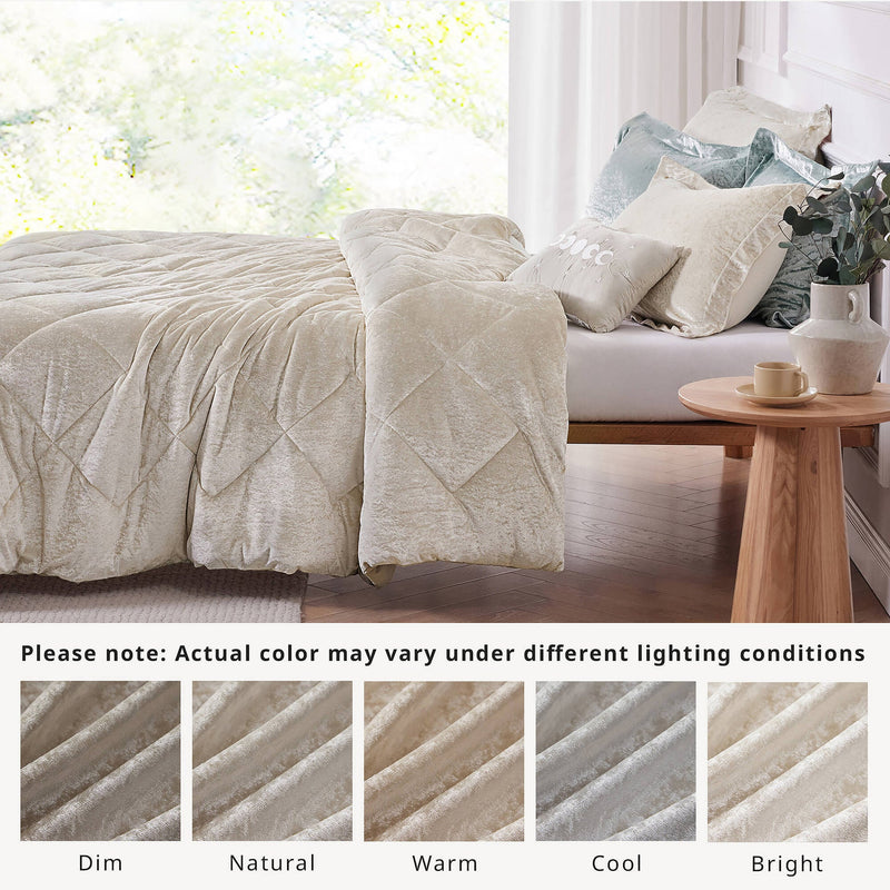 4 PCS Full/Queen Velvet Duvet Cover Set with Throw Pillow Champagne