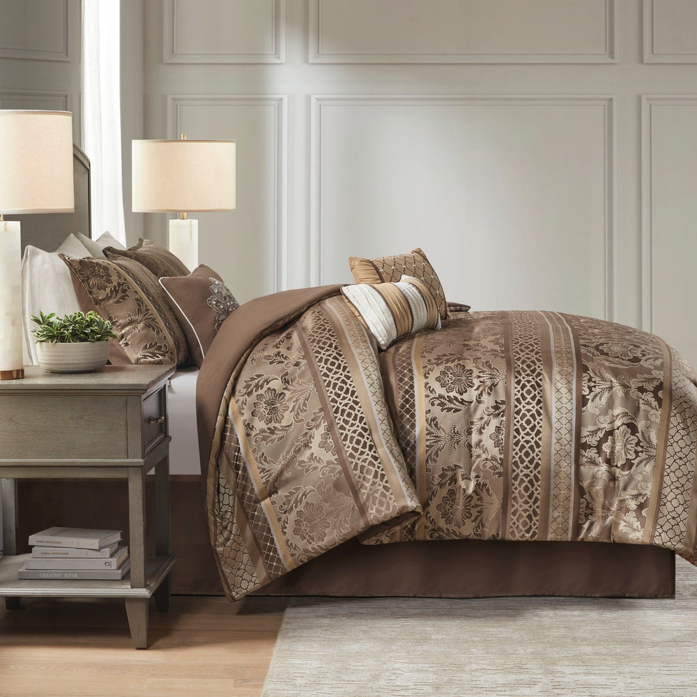 7 Piece Jacquard Comforter Set Brown/Gold Cal King Media 9