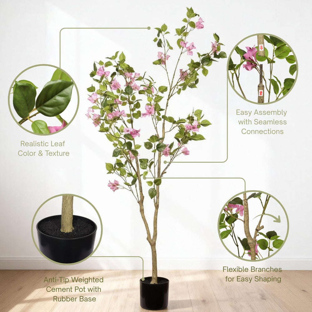 Artificial Bougainvillea Tree in Baby Pink with Green Leaves, Realistic Faux Plant in Black Plastic Pot, 60-Inch Indoor Decor for Home Office Media 5