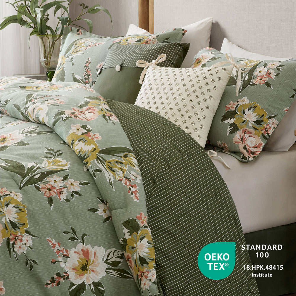7-Piece Queen Vin  Floral Comforter Set, Green Media 7