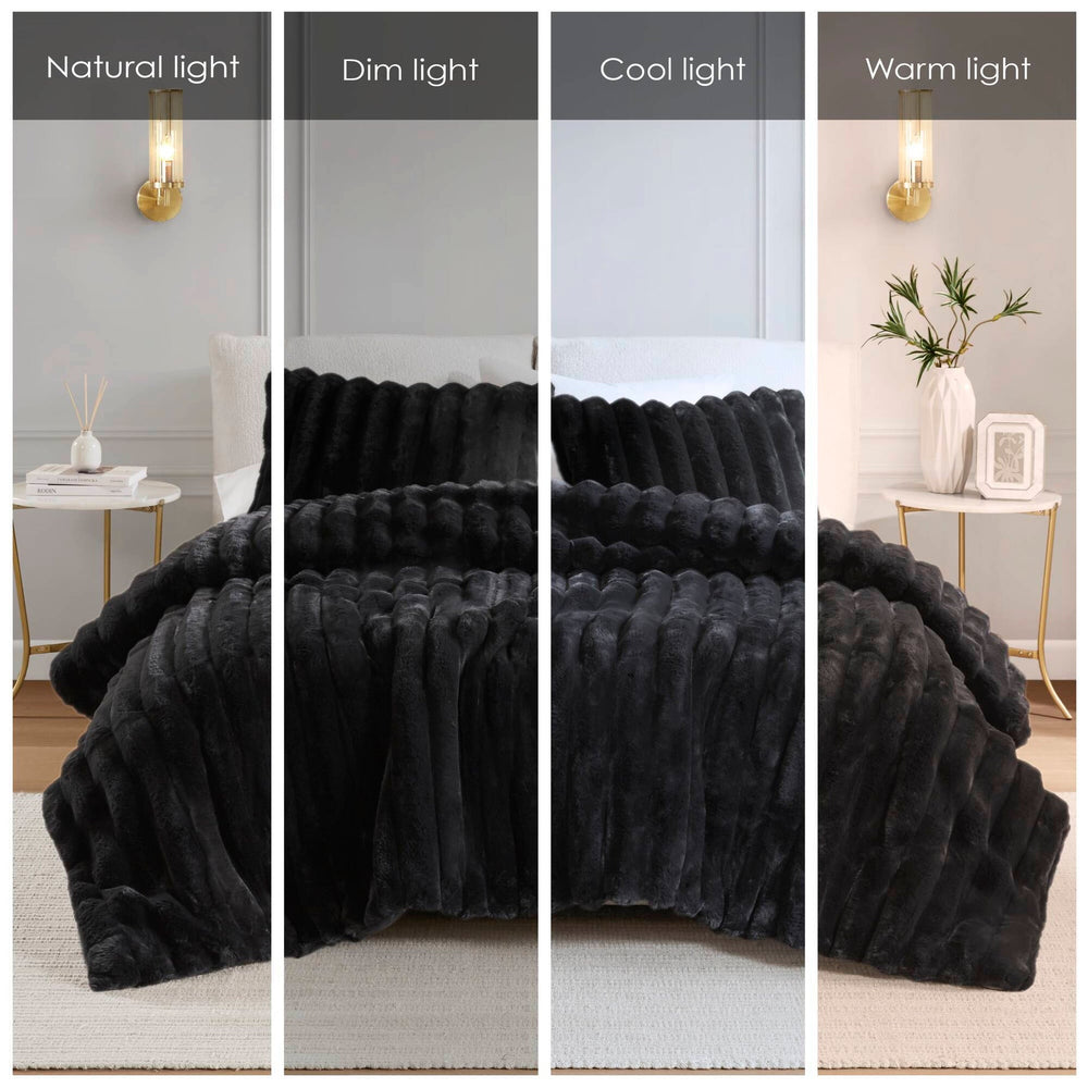 3 PCS King  soft Faux Fur Ribbed Comforter Set Black Media 2