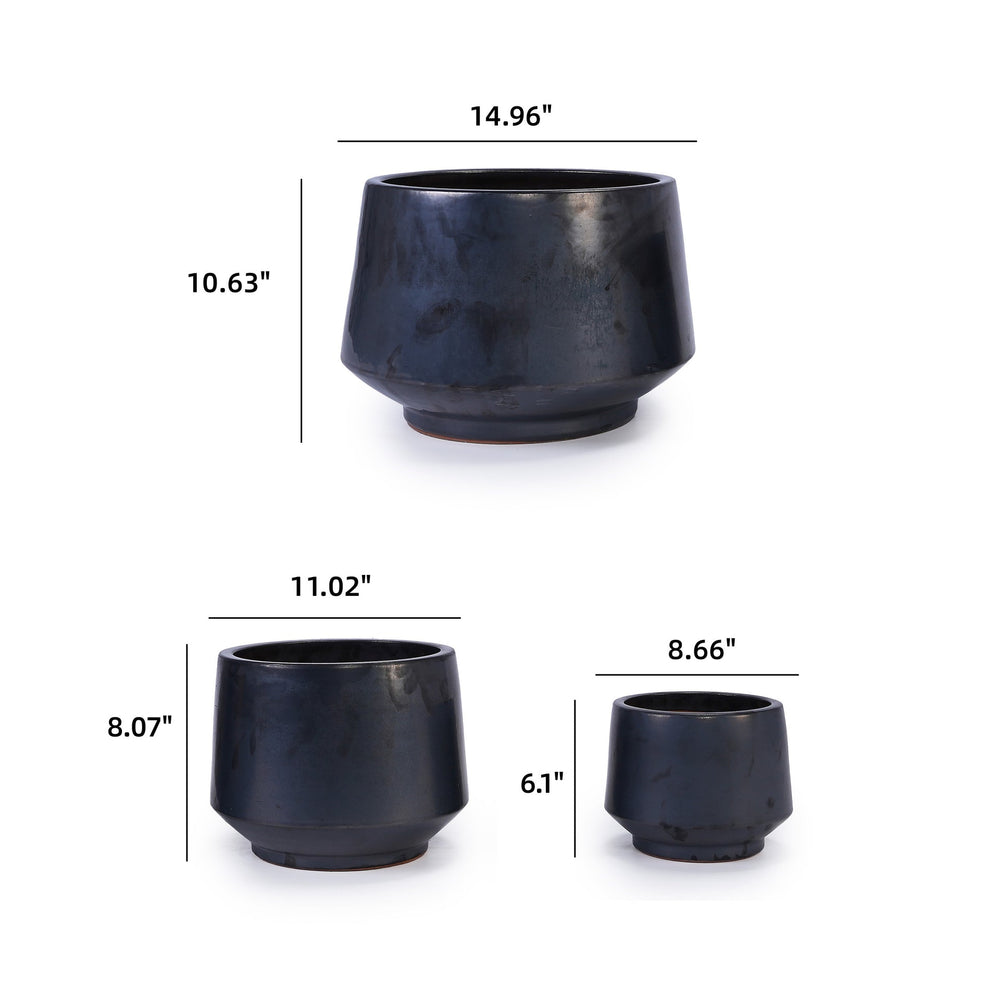 Handmade Black Matte Glazed Ceramic Planter Set of 3, 15/11/9 Inch Diameter, Textured Finish for Orchids & Begonias, Indoor/Outdoor Use on Windowsill & Bookshelf, Breathable Clay Media 5