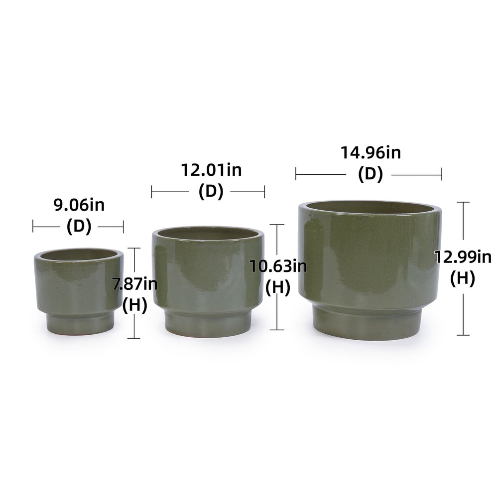 3 Pieces Ceramic Flowerpot, Modern Planter for Patio, Garden or Windowsills - Antique Light Green Media 3