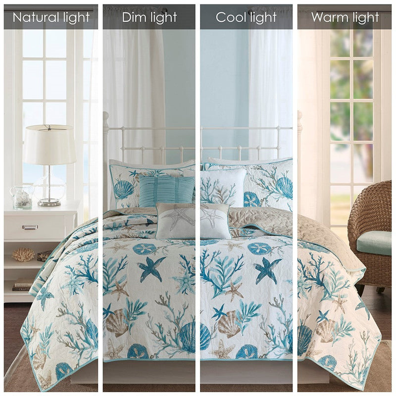 6 Piece Cotton Sateen Quilt Set with Throw Pillows Aqua King/Cal King