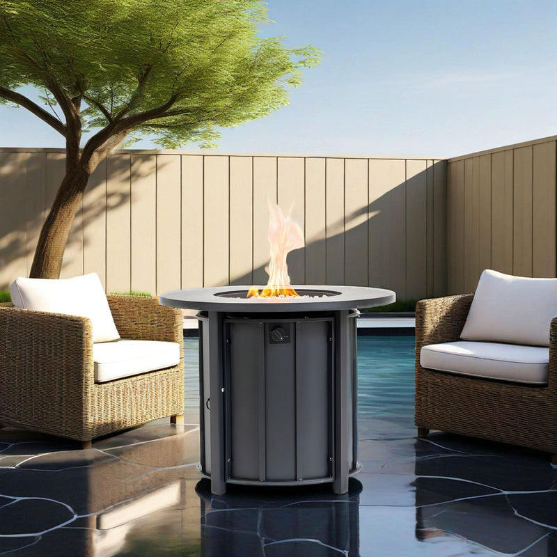 Propane Fire Pit Table Round Steel Wood Grain Ceramic Tabletop For Outdoor Patio & Backyard Entertaining