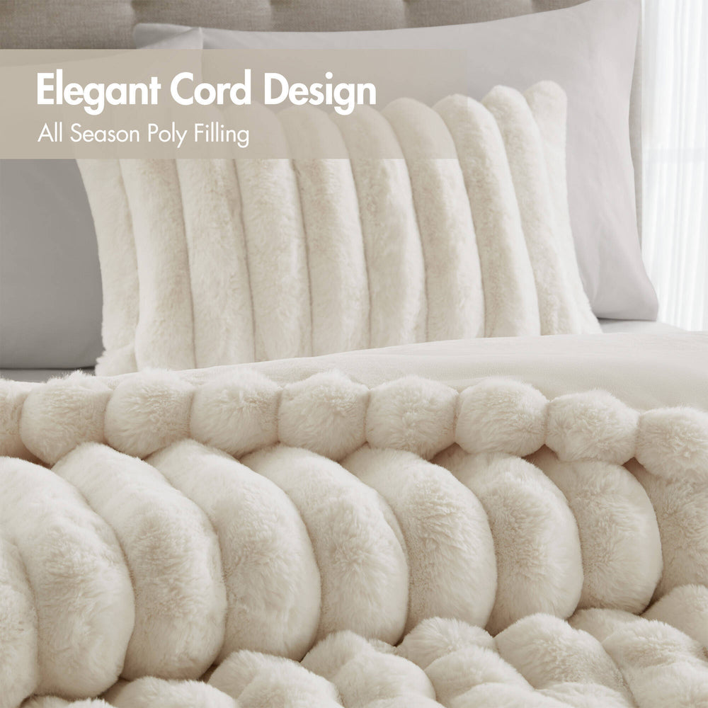 3-Piece Full/Queen  soft Faux Fur Ribbed Comforter Set,Ivory Media 9