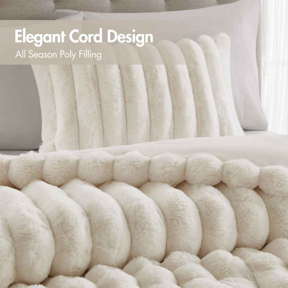 3-Piece Full/Queen  soft Faux Fur Ribbed Comforter Set,Ivory Media 9