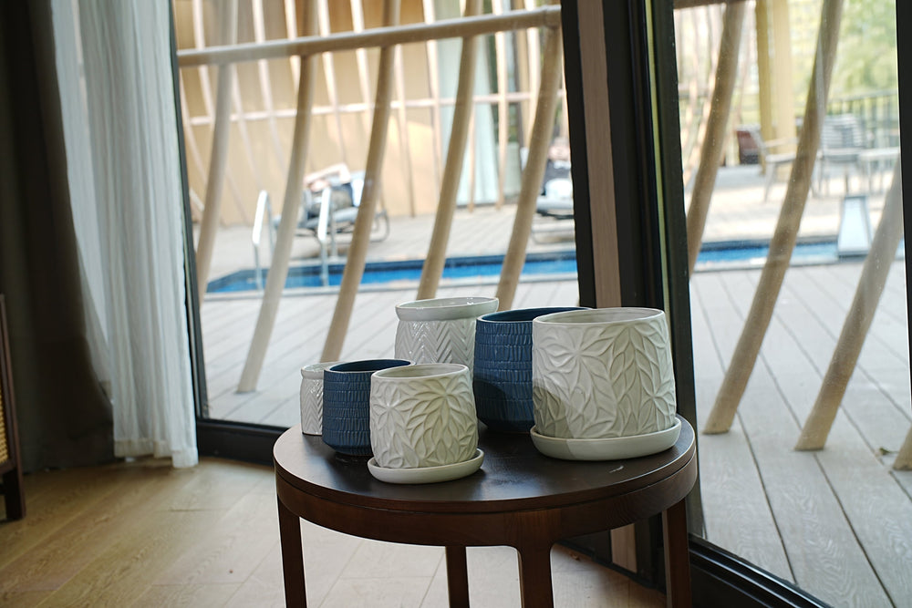 Handmade White Glossy Ceramic Planter Set of 2, 6' & 8' Diameter, Leaf Pattern Design, for Succulents and Herbs Indoor/Outdoor Shelf & Table Use, Breathable Clay with Saucers Media 18
