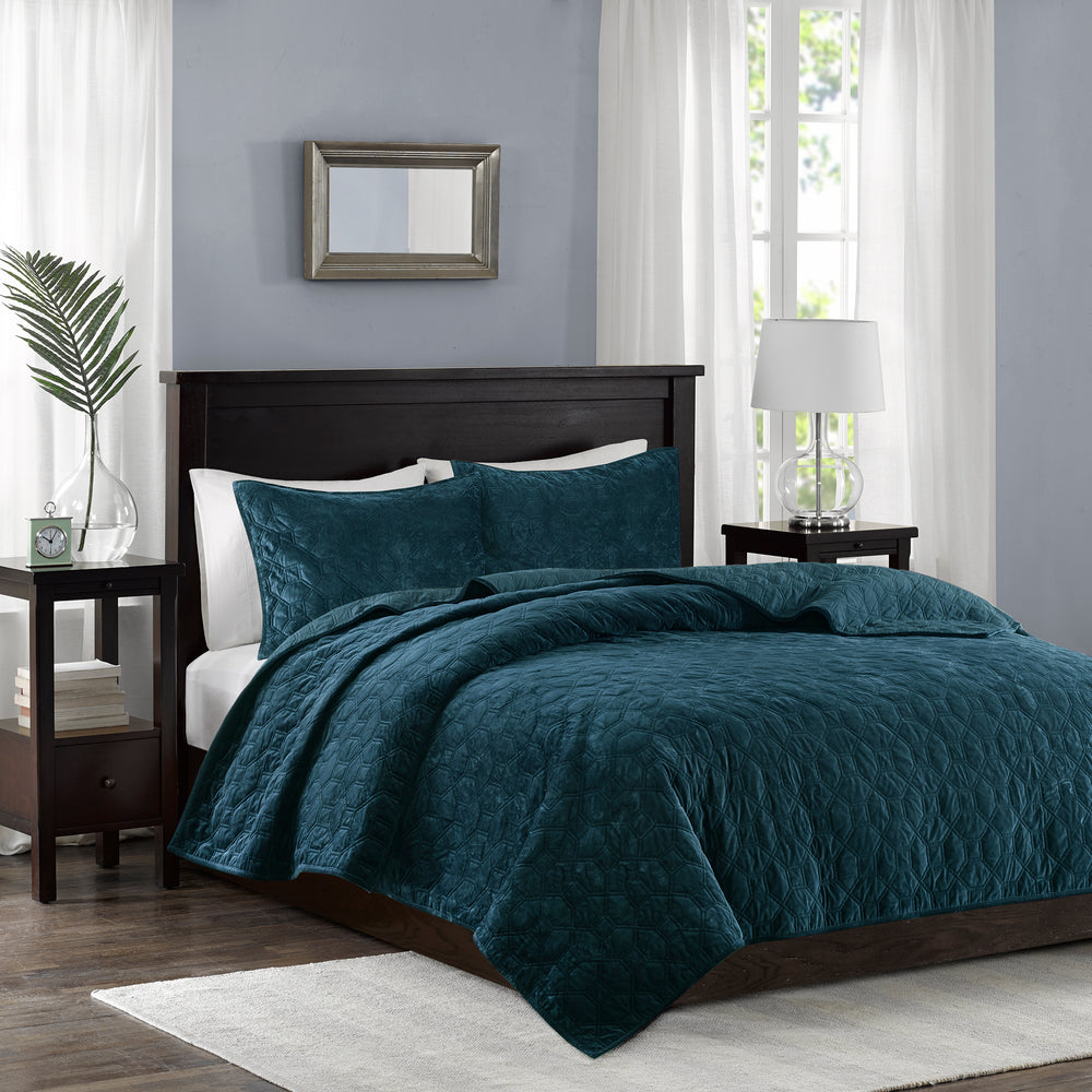 3 Piece Velvet Quilt Set Teal Full/Queen Media 1
