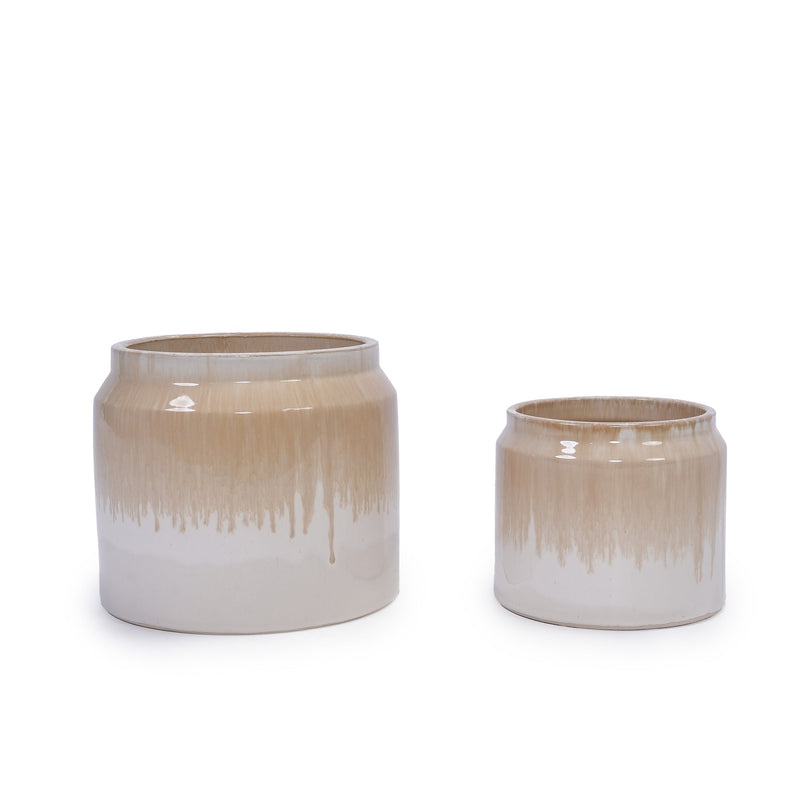 Handmade Non-Porous Ceramic Planter Set of 2, 6' & 8' Diameter, Beige Drip Glaze, for Aquatic Plants Indoor/Outdoor Shelf & Desk Use, Breathable Clay