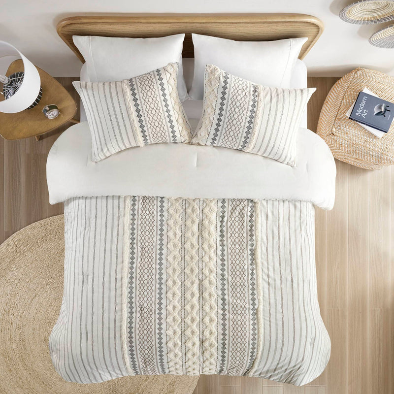 Cotton Printed Comforter Set with Chenille Ivory King/Cal King