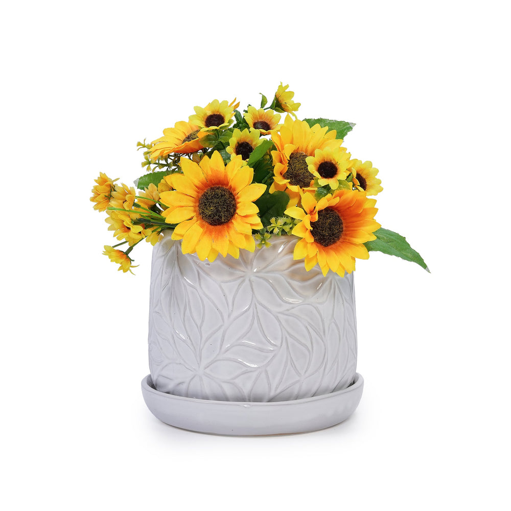 Handmade White Glossy Ceramic Planter Set of 2, 6' & 8' Diameter, Leaf Pattern Design, for Succulents and Herbs Indoor/Outdoor Shelf & Table Use, Breathable Clay with Saucers Media 9