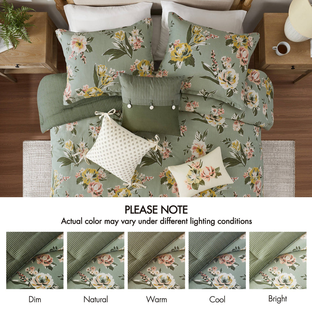 7-Piece Queen Vin  Floral Comforter Set, Green Media 9