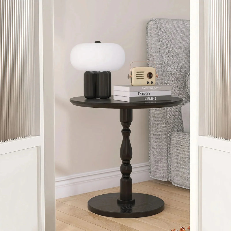 Round Side Table MDF & Solid Wood Modern Nightstand for Living Room & Bedroom