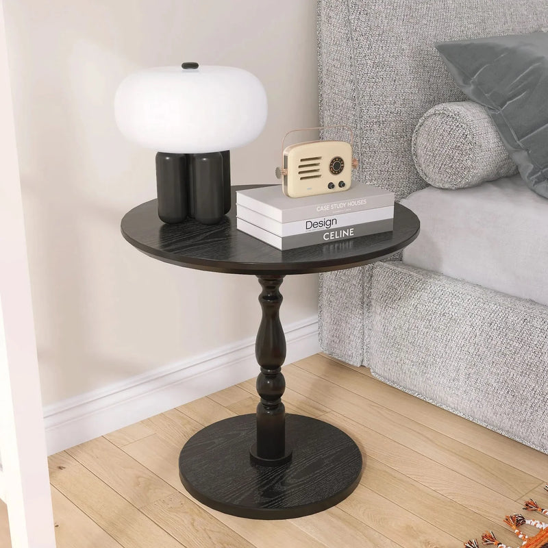 Round Side Table MDF & Solid Wood Modern Nightstand for Living Room & Bedroom