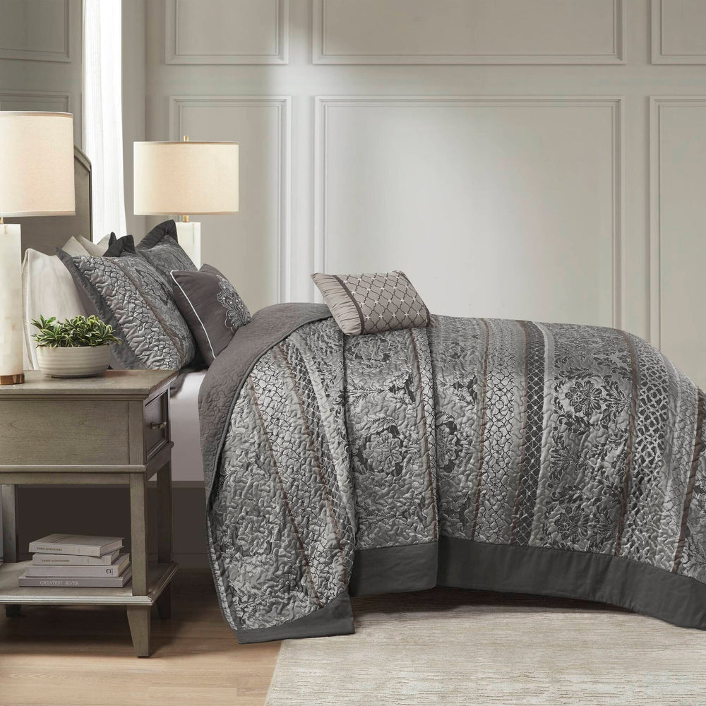 5-Piece King 5 Piece Reversible Jacquard Bedspread Set,Grey Media 12