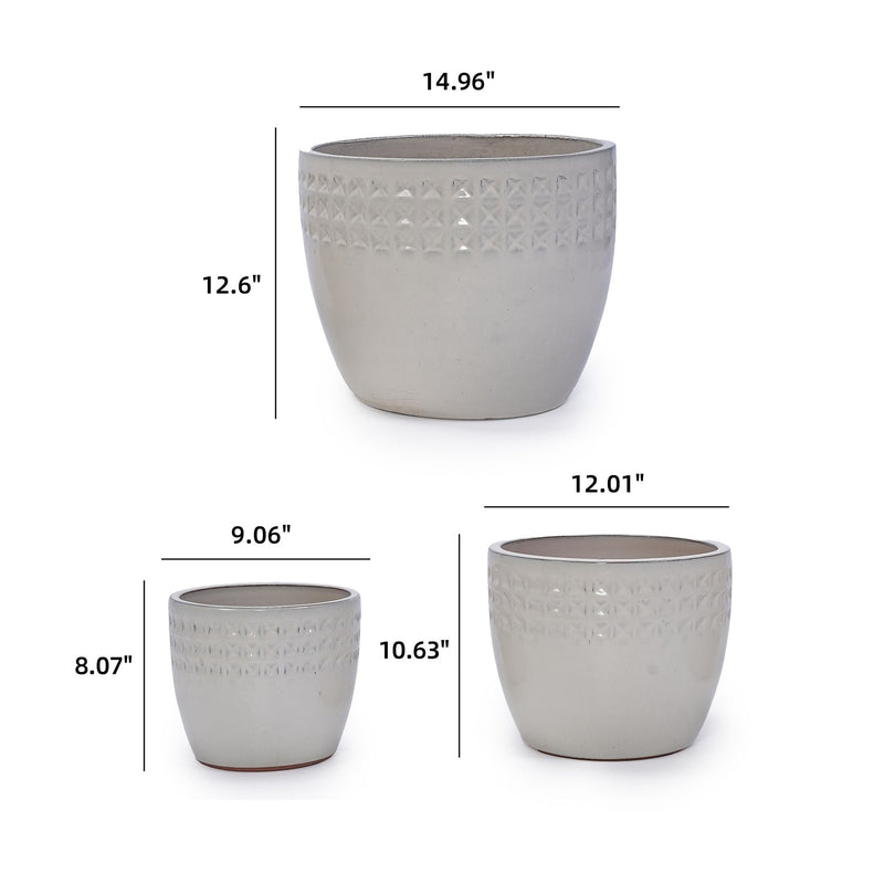 Handmade Ceramic Flower Pot Set of 3, 15/12/9 Inch Diameter, White Diamond Pattern, for Succulents Indoor/Outdoor Use on Windowsill & Bookshelf, Breathable Clay