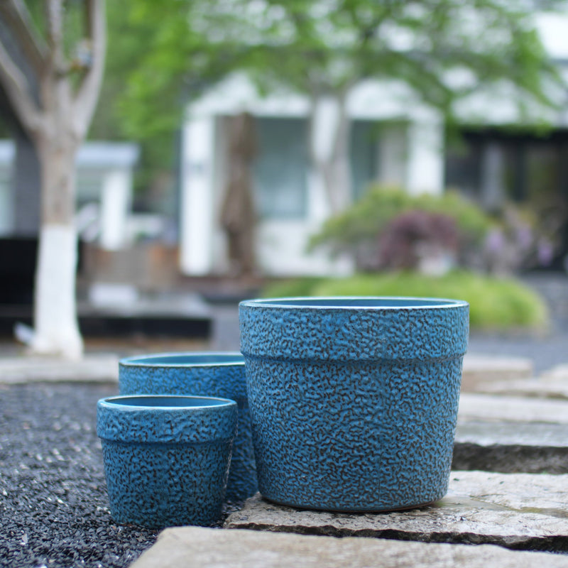 Handmade Ceramic Planter Set of 3, 15/12/9 Inch Diameter, Blue Textured Pattern, for Succulents & Indoor Plants, Windowsill & Bookshelf Use, Breathable Clay