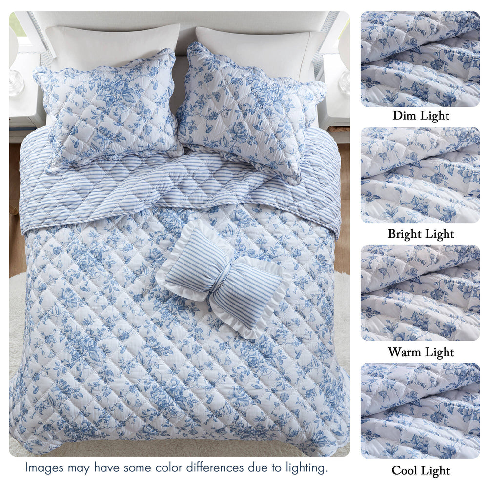 4 Pieces King  Quilt Set with Decorative Pillow,Blue Media 6