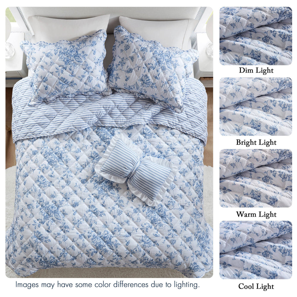 4 Pieces King  Quilt Set with Decorative Pillow,Blue Media 6