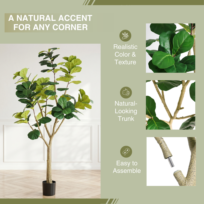 7FT Artificial Fiddle Leaf Fig Tree, Realistic Faux Potted Plant in Black Pot, 1pc/set