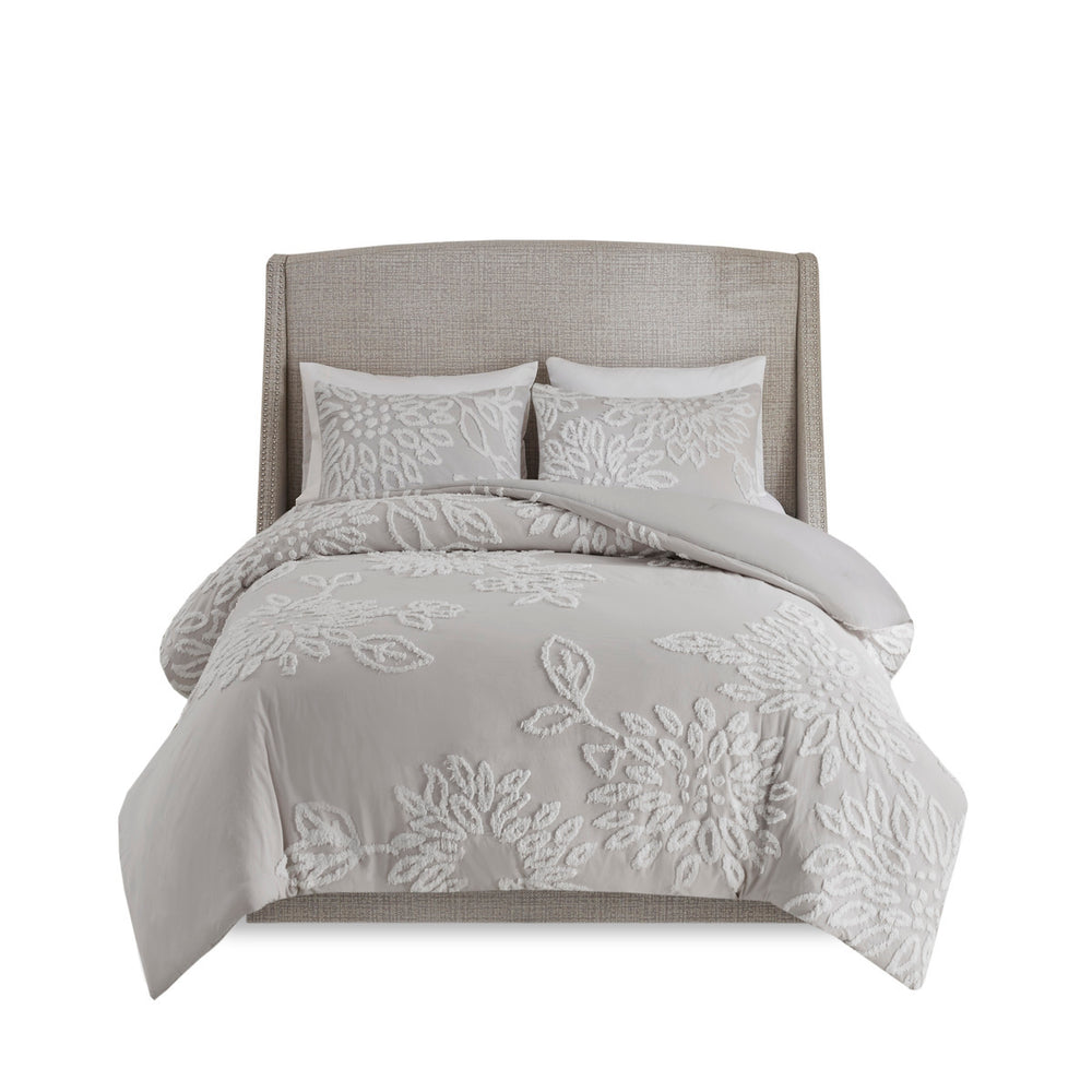 3 Piece Tufted Cotton Chenille Floral Comforter Set Warm Grey/White King/Cal King Media 9