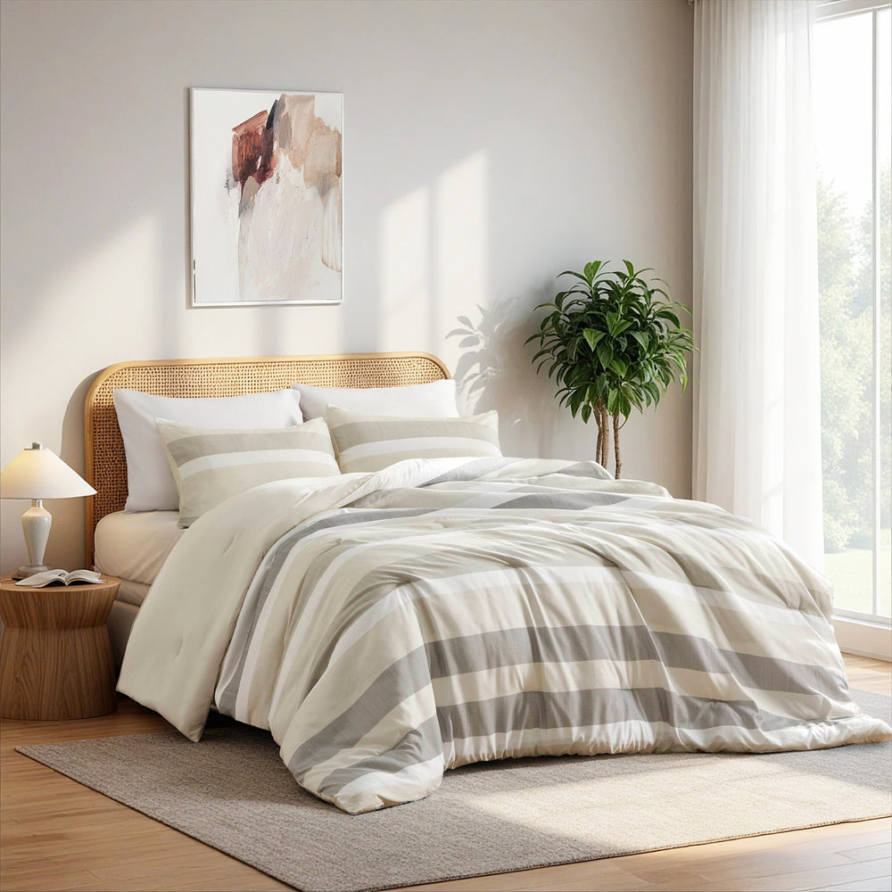3-Piece Full/Queen Stripe Textured Print Comforter Set,Neutral Media 12
